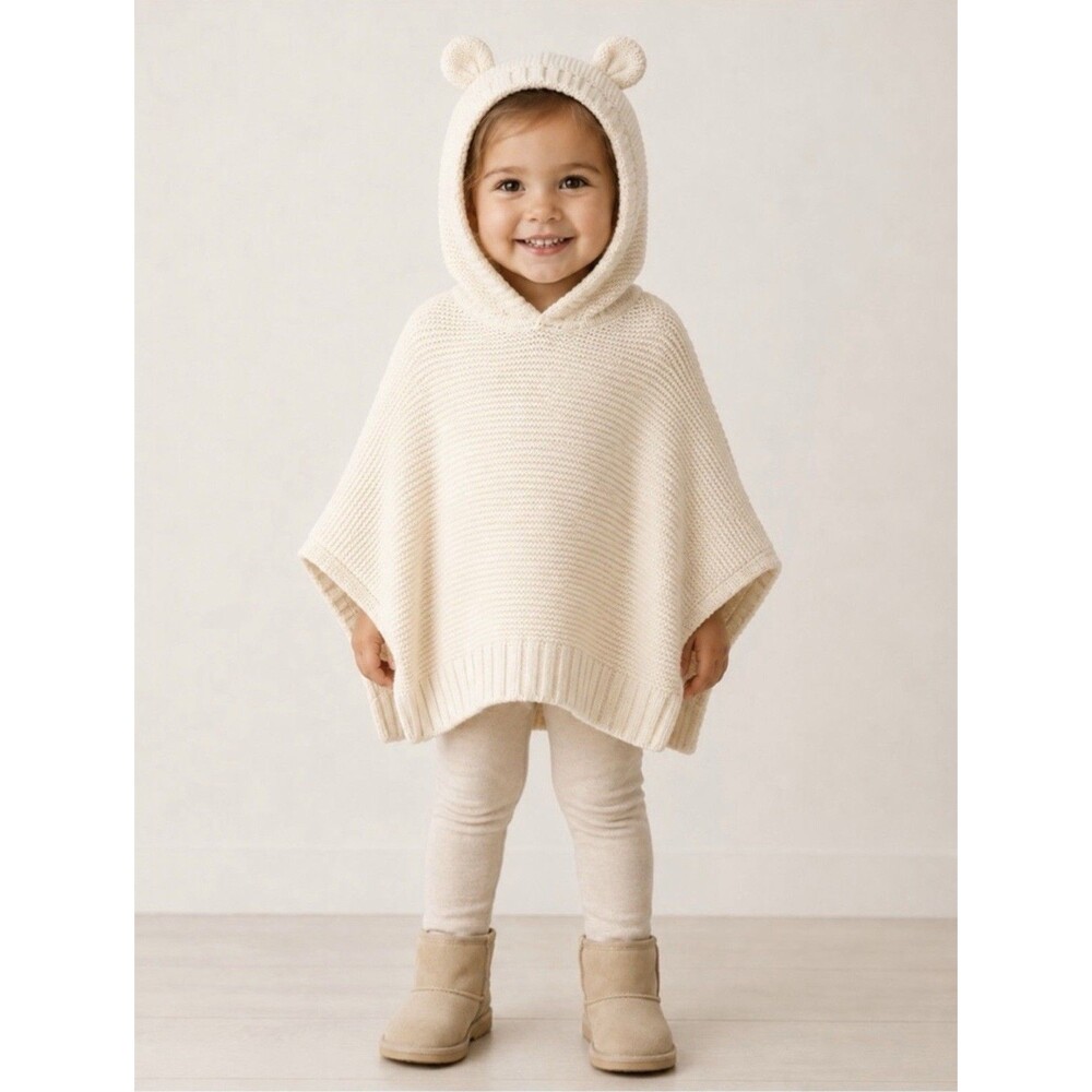 GAP Kids Baby Toddler Cozy Cream Knit Hooded Poncho Bear Ears Unisex 4Y
